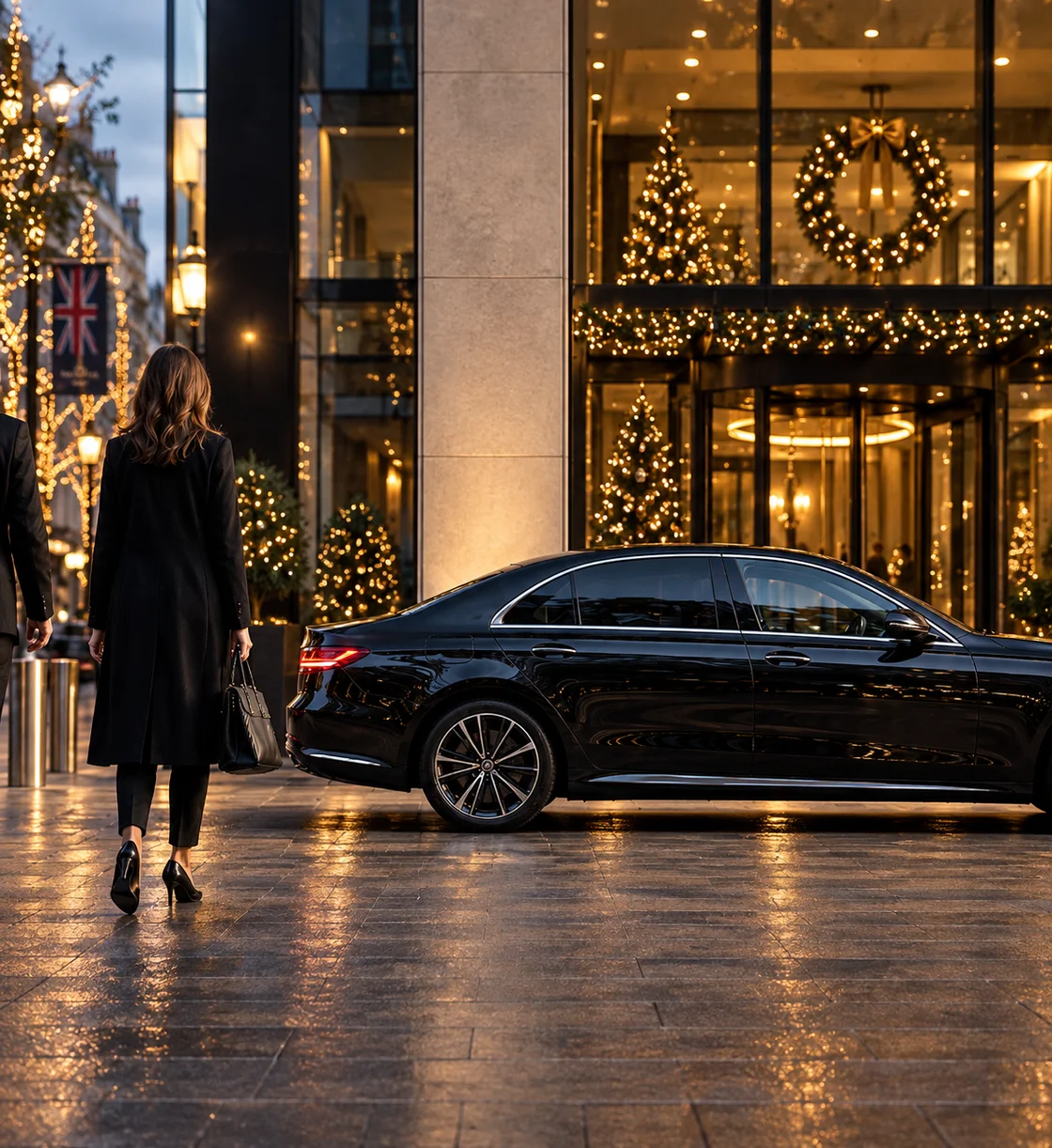 A passenger approaching a black executive car outside a festively decorated entrance.