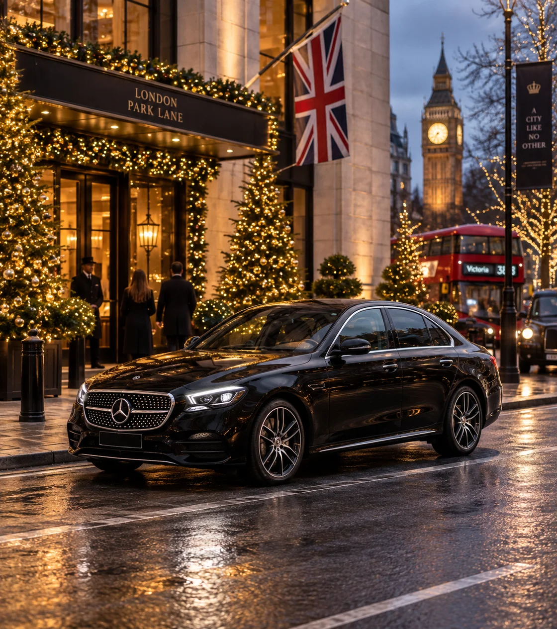 A black executive car on a London street with festive lights.