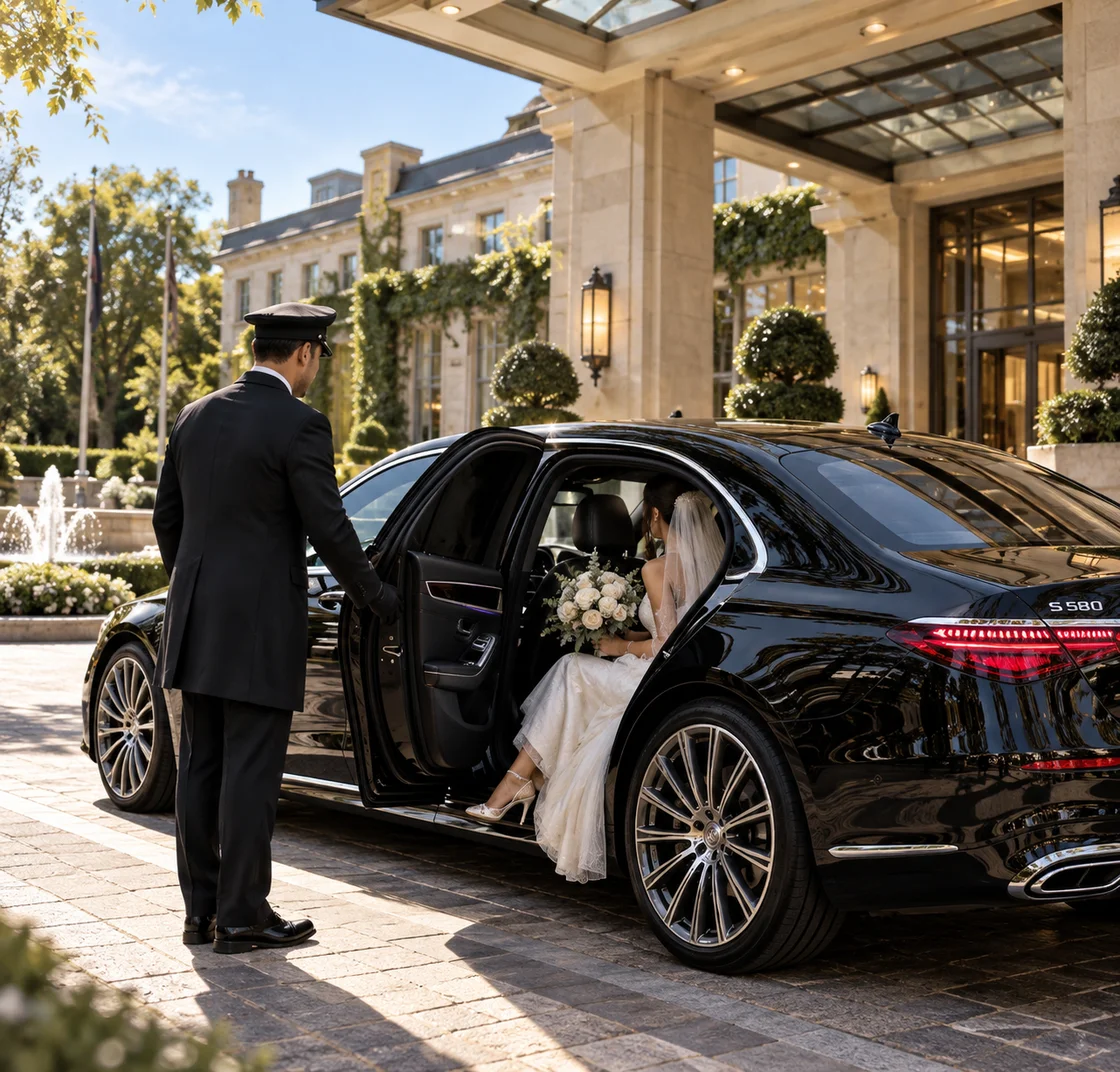 A chauffeur holding a car door open for a bride carrying a bouquet.
