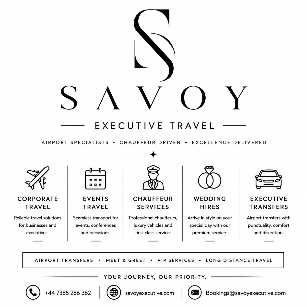 Savoy Executive service overview for corporate travel, events, chauffeur services, wedding hire and executive transfers